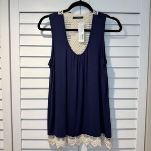 Papermoon Crochet Back Knit Tunic Tank Top Navy Blue Lonni Paper Moon XL NEW
